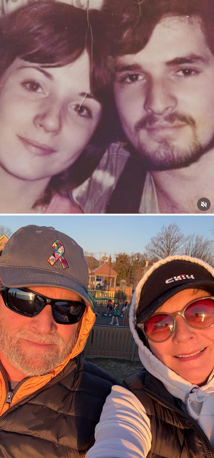 A couple smiling in two photos years apart, showing how time changed people but not their love for each other.