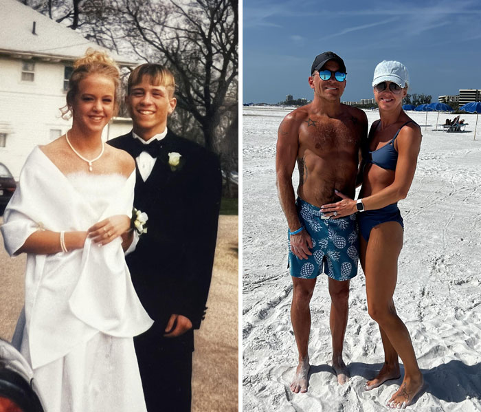 Side-by-side photos of a couple showing time changed people but not their love on prom night and at the beach years later.