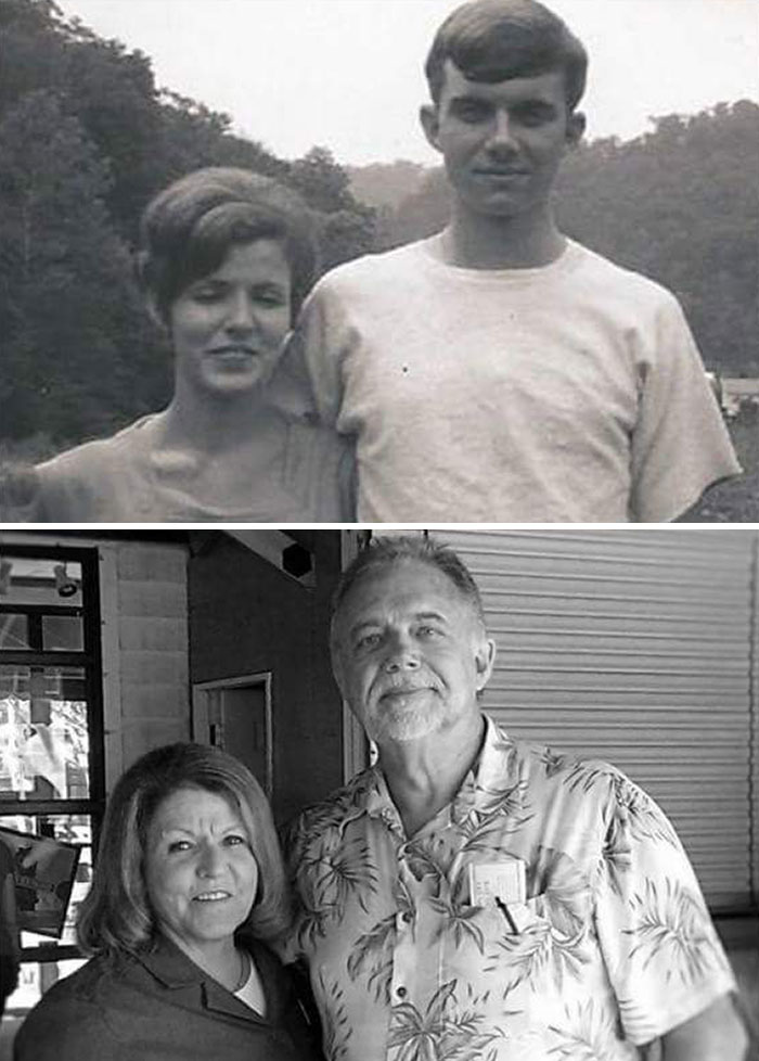 Black and white photos of a couple years apart showing how time changed people but not their love for each other.