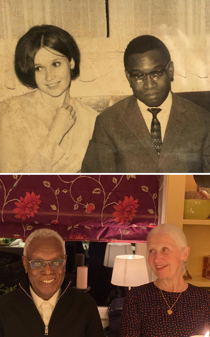 Black and white and color photos of a couple showing how time changed people but not their love for each other.
