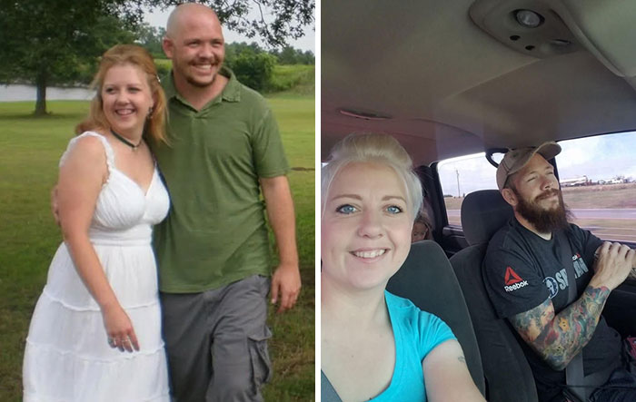 Couple smiling outdoors and years later in a car, showing how time changed people but not their love for each other.
