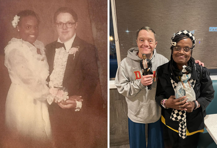 Couple holding wedding figurines, showing how time changed people but not their love for each other in two photos.