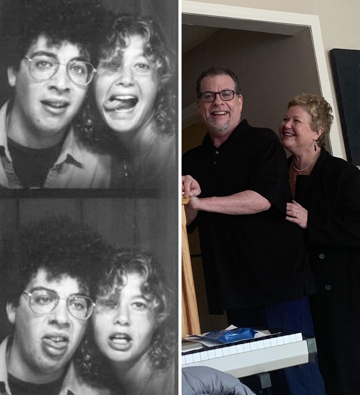 Side-by-side comparison of a couple showing how time changed people but not their love for each other.