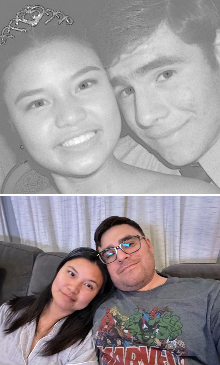 Couple showing how time changed people but not their love for each other, with photos from youth and adulthood.