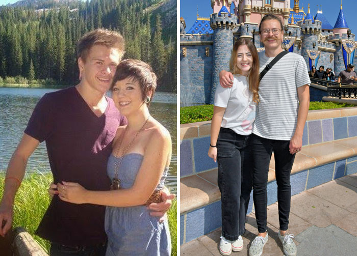 Young couple embracing by a lake and the same couple years later showing how time changed people but not their love.