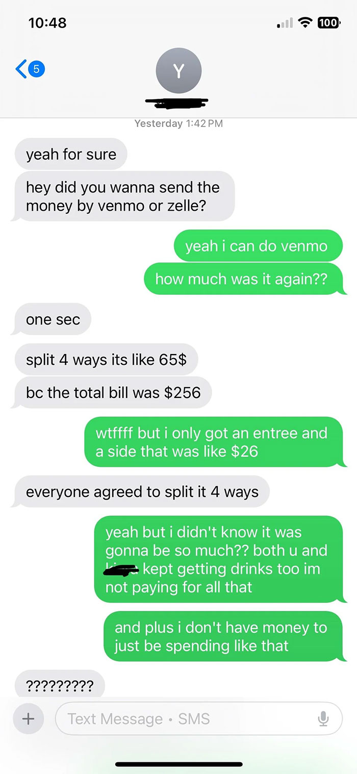 Text conversation about coworkers agreeing to split the bill, with one backing out due to the cost and drinks added.