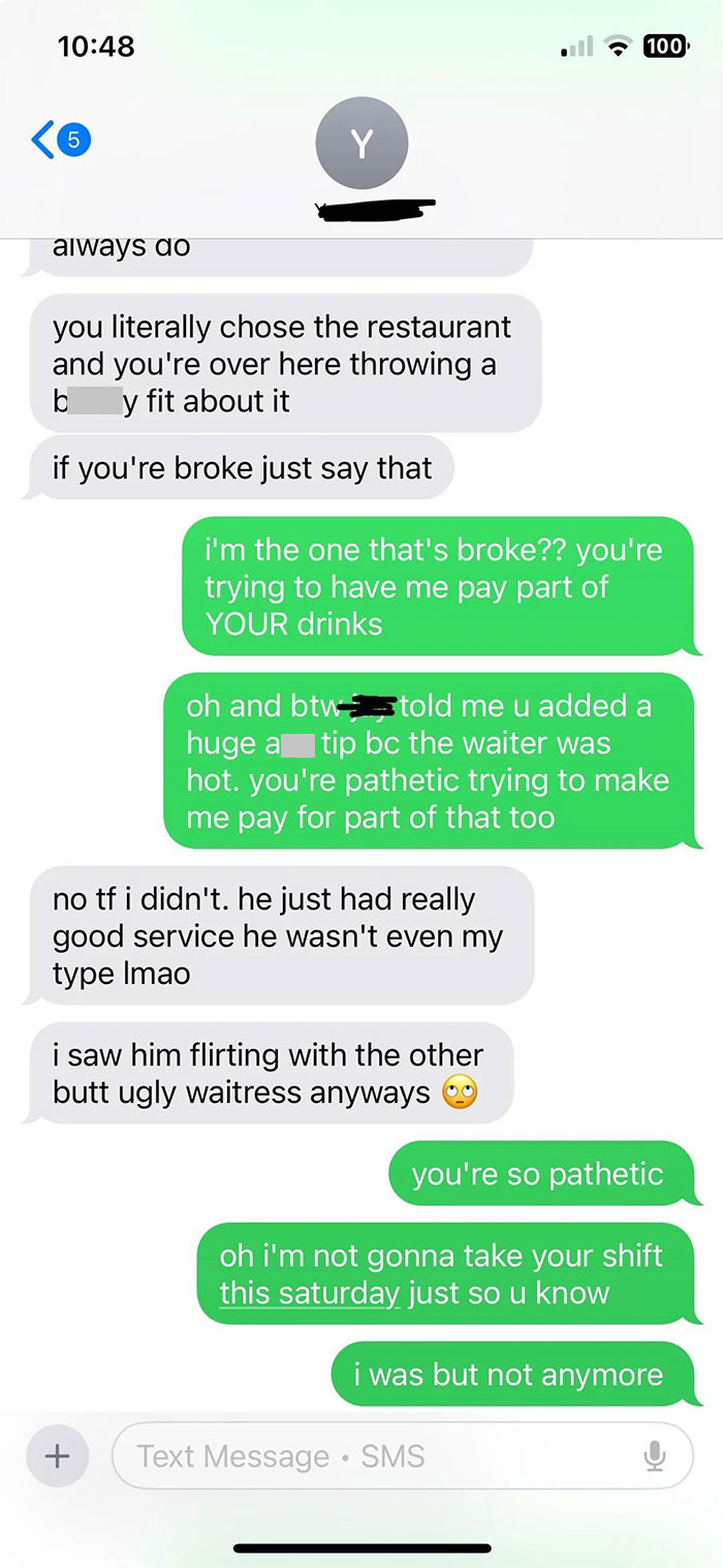 Text message exchange showing coworkers arguing about splitting the bill after dining, one backing out of paying.