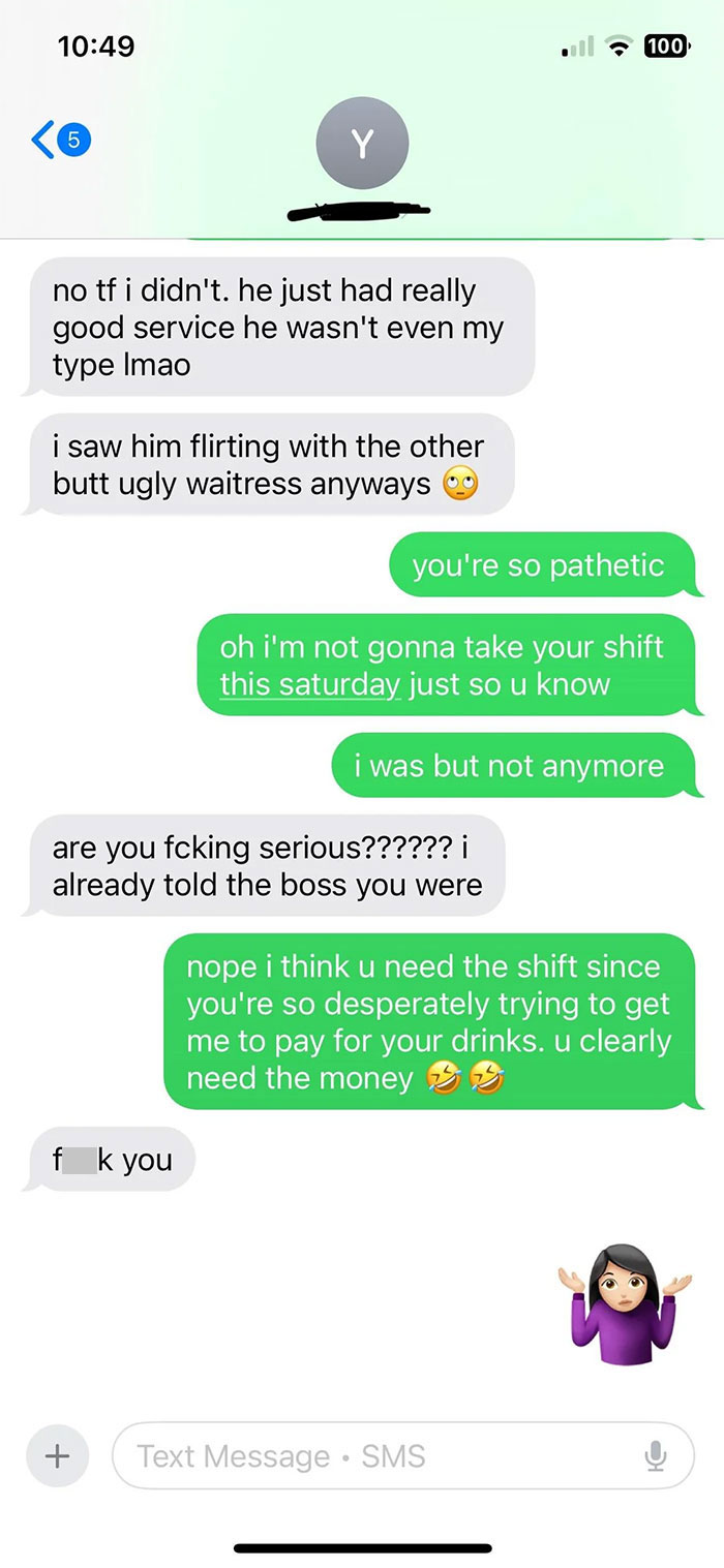 Text conversation showing coworkers arguing over splitting the bill after one backs out of paying for drinks.