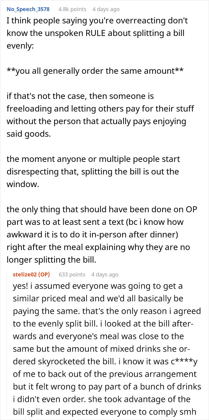Reddit comment discussing the unspoken rule about splitting the bill evenly among coworkers after dining.