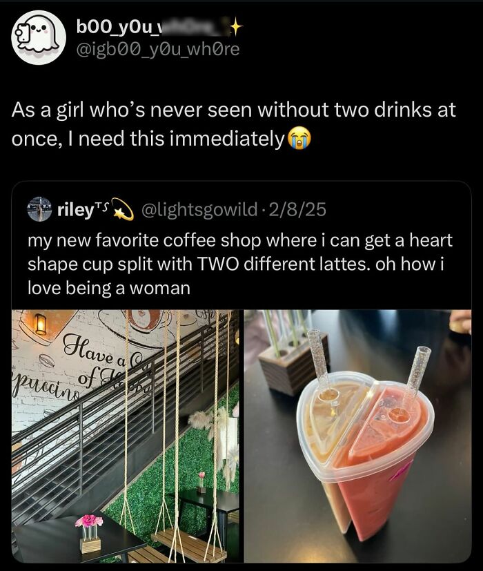 Tweet about women struggles enjoying two different lattes in a heart-shaped cup at a favorite coffee shop.