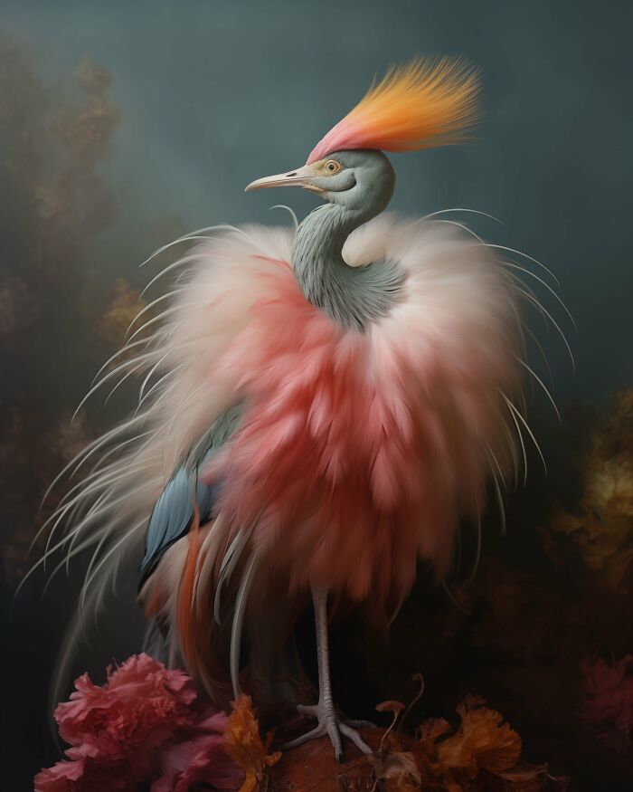 Elegant bird with vibrant feathers and an unusual crest, showcasing beautiful but unsettling visions of the natural world.