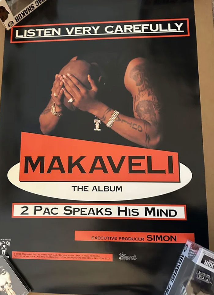 Poster of 2 Pac&rsquo;s Makaveli album with tattoos visible, highlighting themes tied to craziest conspiracy theories.