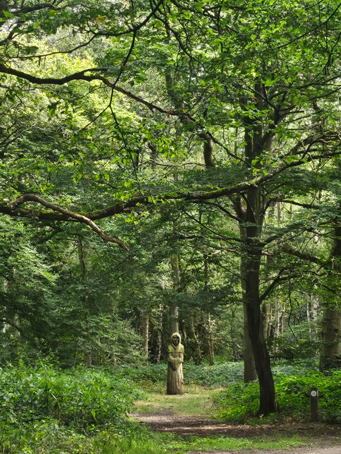Wooden statue standing alone in a dense forest, creating a creepy and eerie atmosphere people had to share.