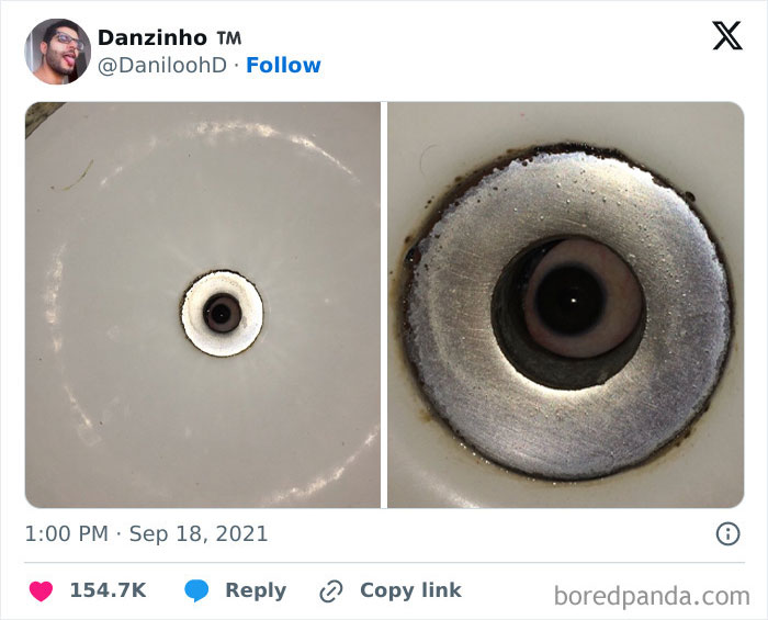 Close-up photo of a drain resembling a creepy eye, illustrating eerie and unsettling discoveries people shared online.