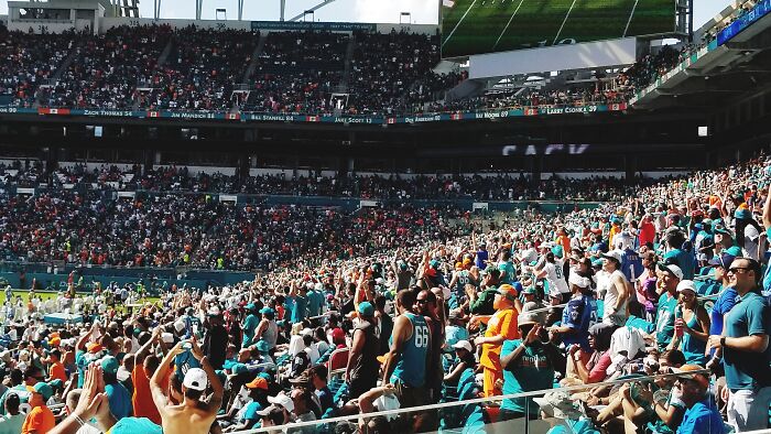 Crowd of people at a packed sports stadium holding up everyday items that have become stupid expensive in recent years.