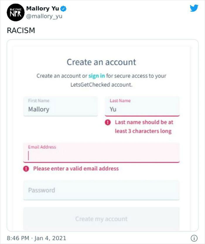 Screenshot of a sign-up form with an error message about last name length, showing a hilarious worst main character moment.