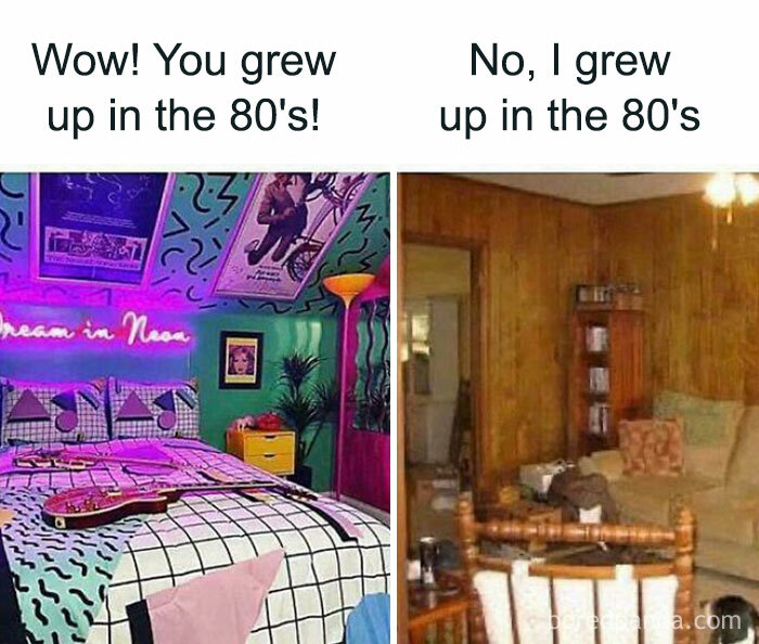 Comparison of 80s bedroom styles showing vibrant neon decor versus plain wood-paneled living room reflecting changes through the years.