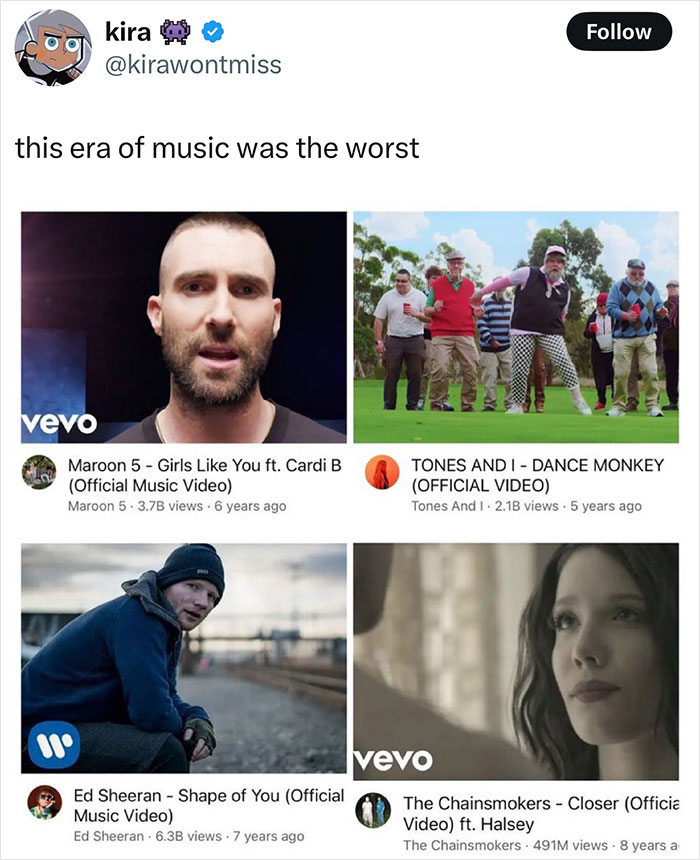 Twitter post comparing past and recent music videos, reflecting changes through the years according to people online.