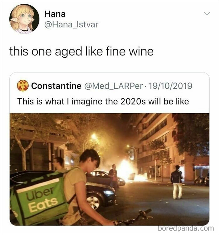 Tweet about changes over the years showing Uber Eats delivery amid a chaotic nighttime street scene.