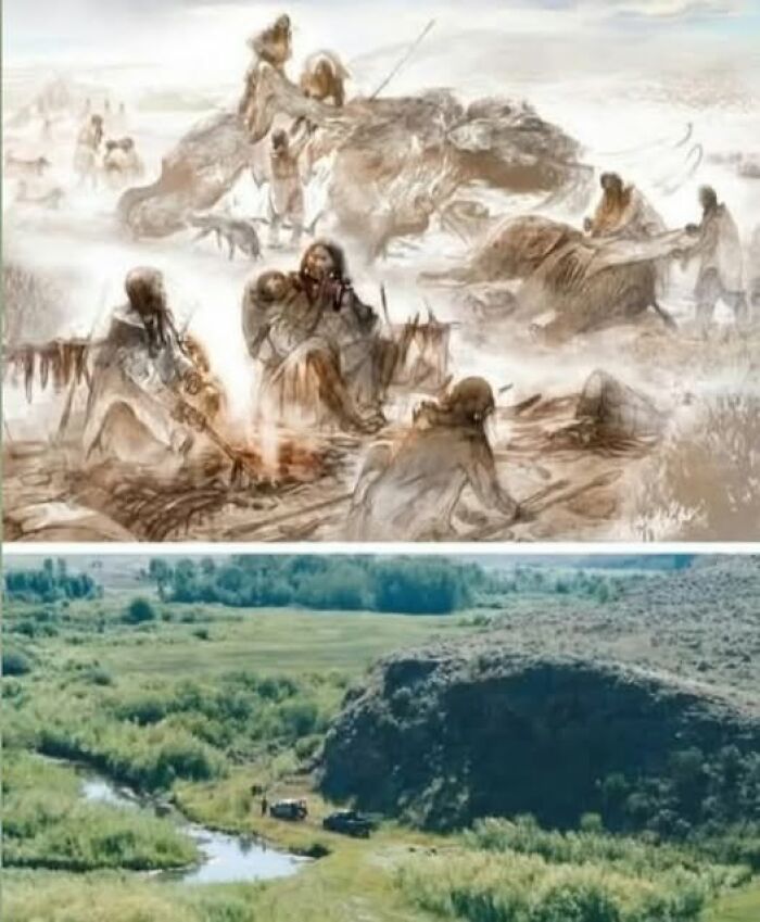 Ancient hunters gather around a fire in a historic scene above a modern landscape showing unusual events that actually happened.