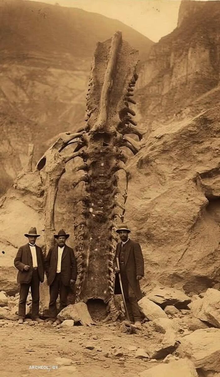 Three men standing next to a giant fossil skeleton in a rocky landscape showcasing unusual and wonderful historical facts.