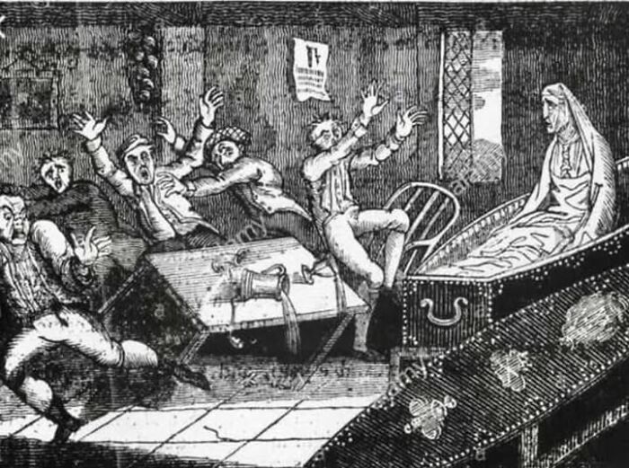 Black and white illustration depicting unusual and tragic events with people reacting to a woman in a coffin.