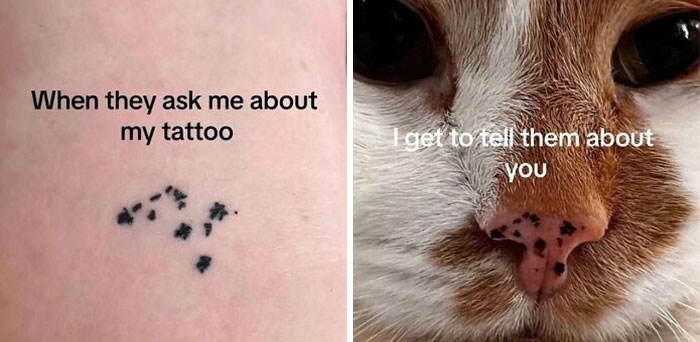 Small paw print tattoo on skin next to a close-up of an adorable animal nose, evoking instant smiles.