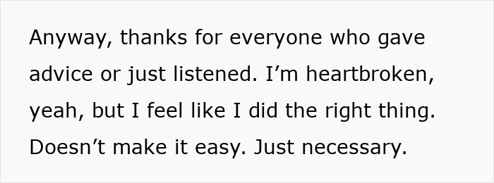 Text message expressing heartbreak and relief after deciding to shut down prenup amid secret credit card debt revelation.