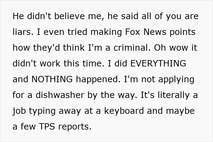 Text excerpt discussing frustrations with job application attempts and being escorted by security during a physical office visit.