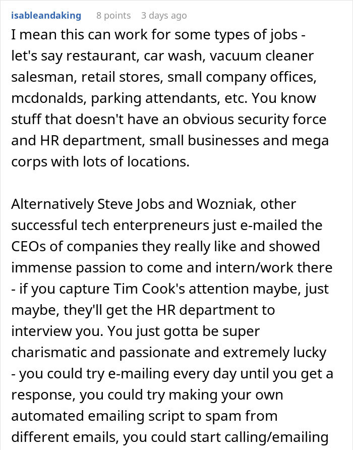Comment discussing job types suitable for physical offices, security challenges, and tech entrepreneurs emailing CEOs for job opportunities.