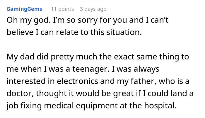 Screenshot of a forum comment describing how a dad dragged their child to a physical office to get a job and security escorted them.