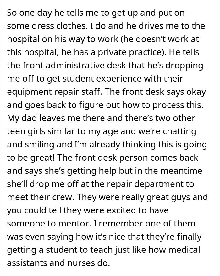 Teen dragged to physical office by dad seeking job opportunity, meeting repair staff and security involvement.