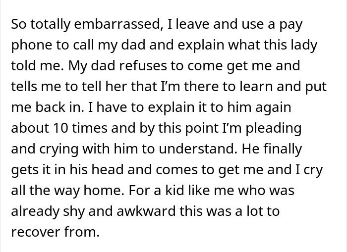 Text describing a shy and awkward kid embarrassed at a physical office visit, escorted by security during a job attempt.