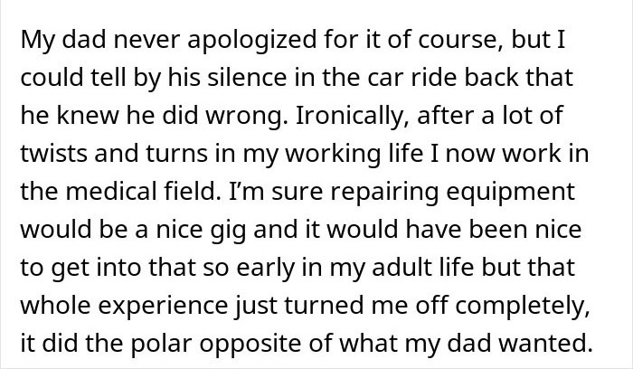 Son reflects on getting escorted by security after trying to get a job at a physical office with his dad's help.