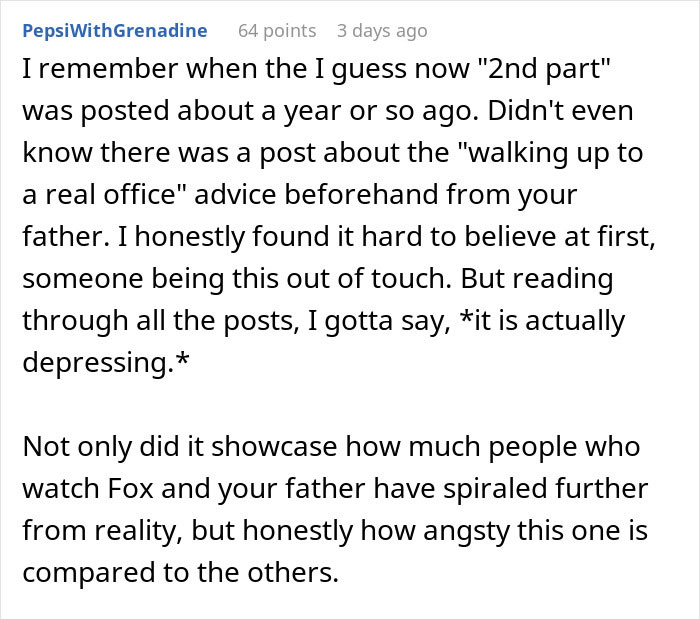 Text post discussing being dragged to a physical office by dad and getting escorted by security after trying to get a job.