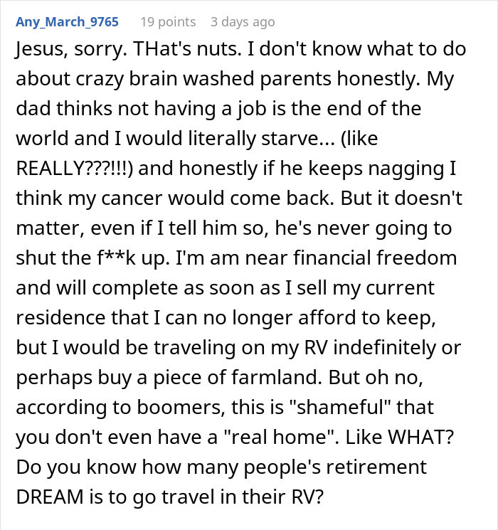 Comment discussing a dad dragging a child to a physical office for a job, mentioning financial freedom and generational differences.