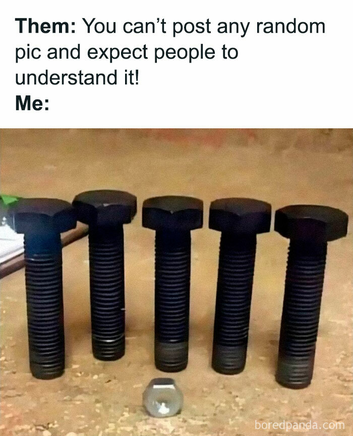 Five black bolts standing upright next to a single bolt head on the ground, illustrating peak dad humor memes.