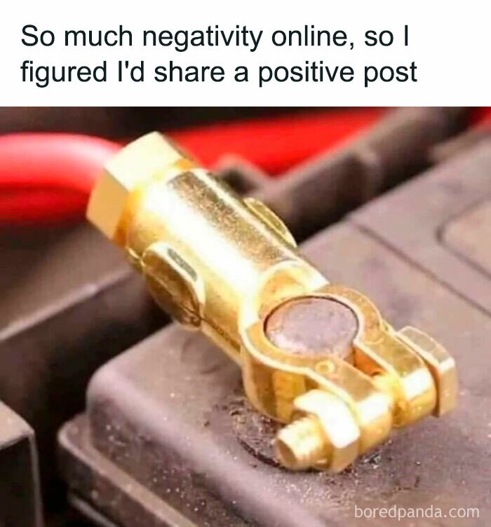 Positive post meme showing a close-up of a gold battery terminal, reflecting hilariously silly dad humor.
