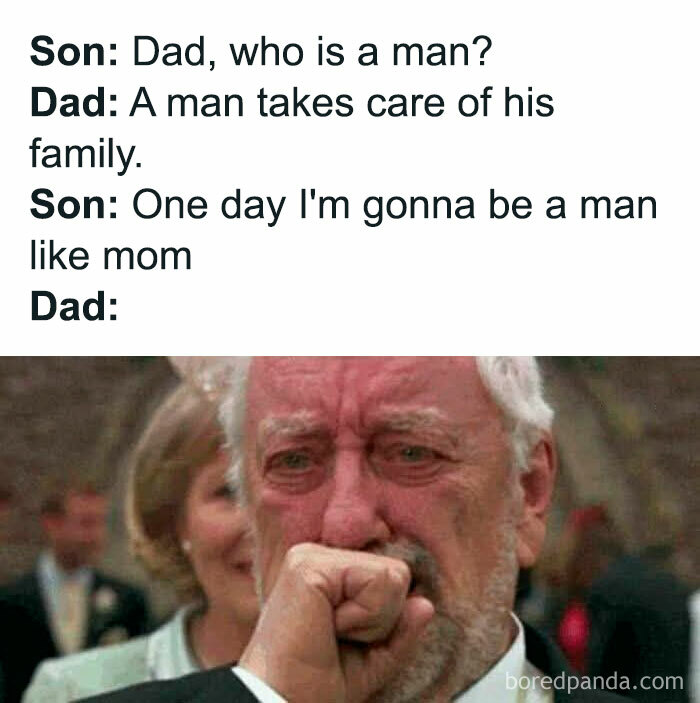Dad humor meme with a son asking about being a man, highlighting hilariously silly dad jokes and peak dad humor.