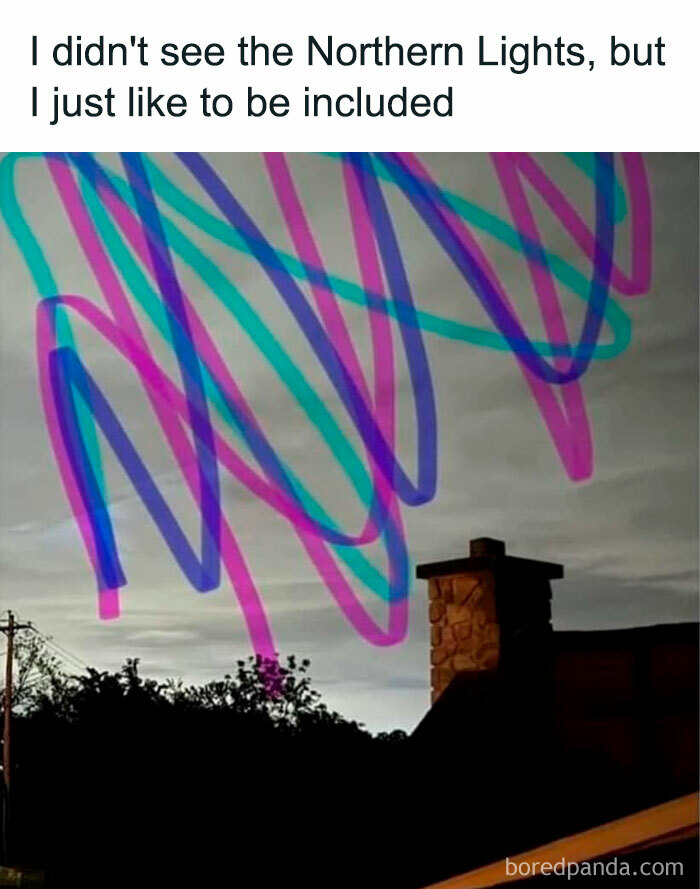 Sky at dusk with colorful scribbles added and text about not seeing Northern Lights in peak dad humor joke style.
