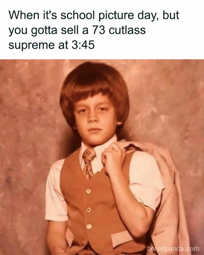 Boy in vintage outfit posing awkwardly for school picture, captured in a moment of peak dad humor and silly jokes meme.