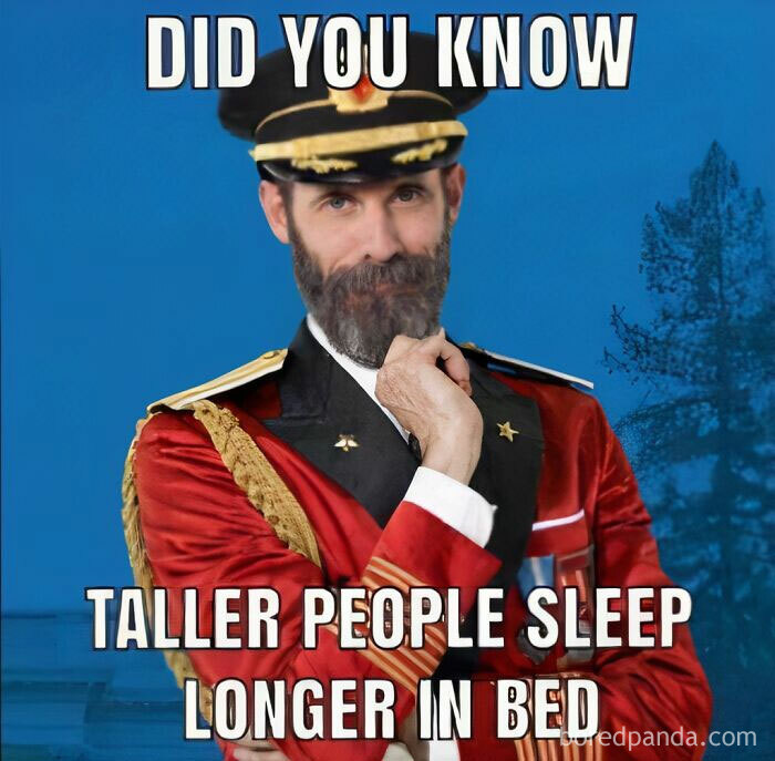 Man in vintage military uniform with beard posing thoughtfully, illustrating dad humor joke about taller people sleeping longer.