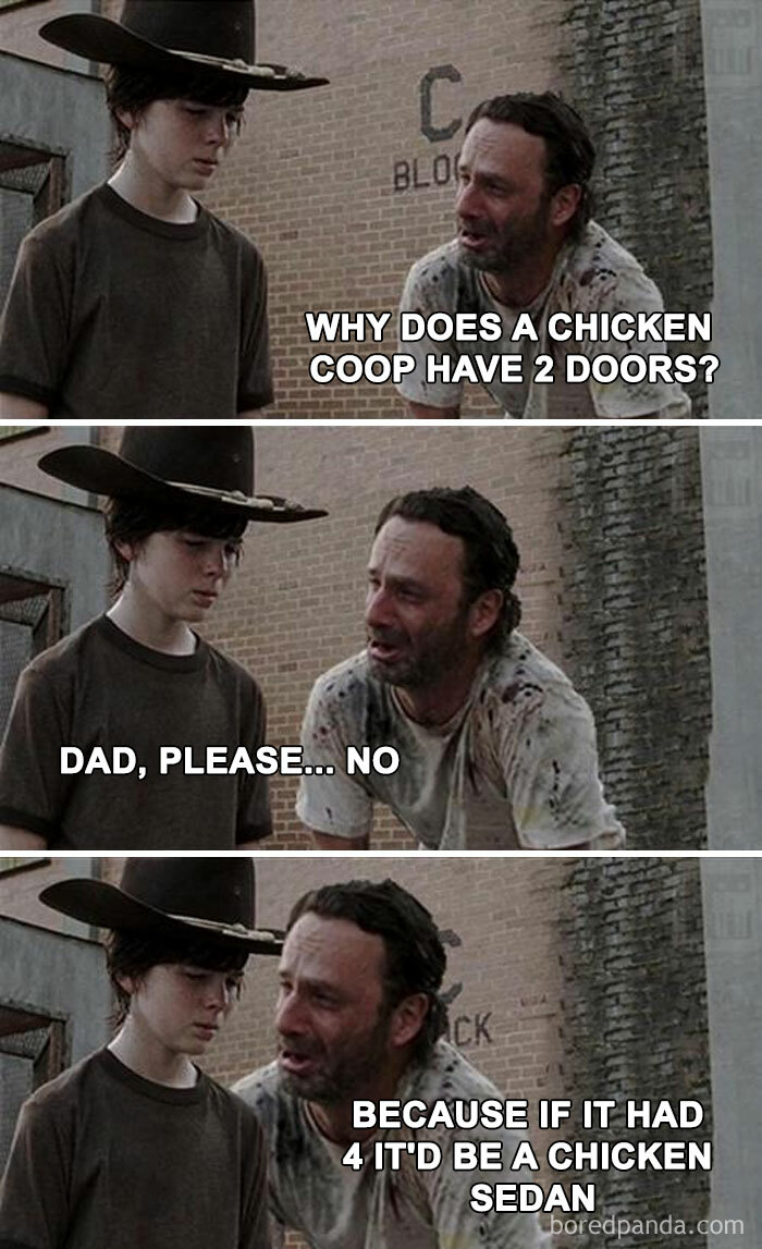 Scene from a TV show with dad telling a silly chicken joke, illustrating peak dad humor and hilarious jokes memes.
