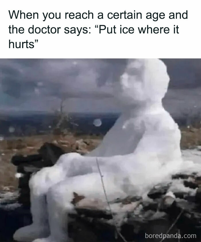 Snow sculpture of a person sitting outdoors paired with a dad humor joke about putting ice where it hurts.