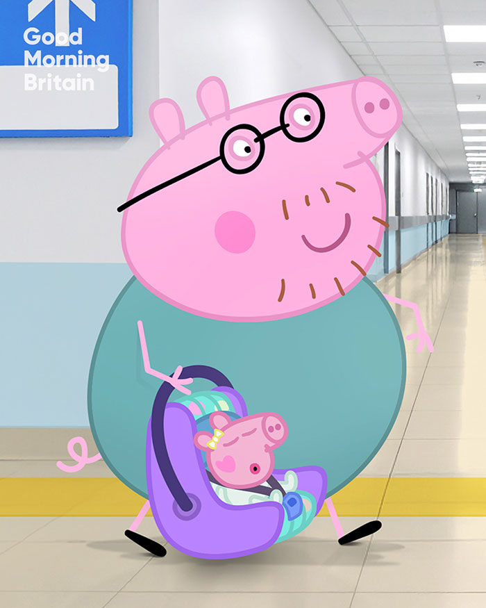 Daddy Pig carrying baby Peppa Pig in a car seat inside a hospital corridor related to Peppa Pig's mummy pig gives birth. Daddy Pig carrying baby Peppa Pig in a car seat inside a hospital corridor related to Peppa Pig's mummy pig gives birth.