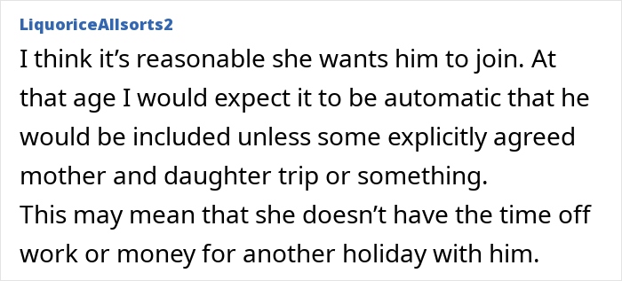 Comment on a family trip dispute where mom says boyfriends don’t count as family, causing daughter to refuse to join. Comment on a family trip dispute where mom says boyfriends don’t count as family, causing daughter to refuse to join.