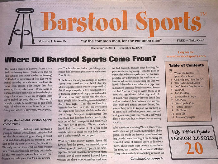 Vintage Barstool Sports newspaper from 2003 highlighting early days and growth tied to Dave Portnoy net worth exposure.