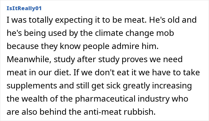 Commenter discussing David Attenborough discarding red meat for fish and cheese and the impact on diet and health. Commenter discussing David Attenborough discarding red meat for fish and cheese and the impact on diet and health.