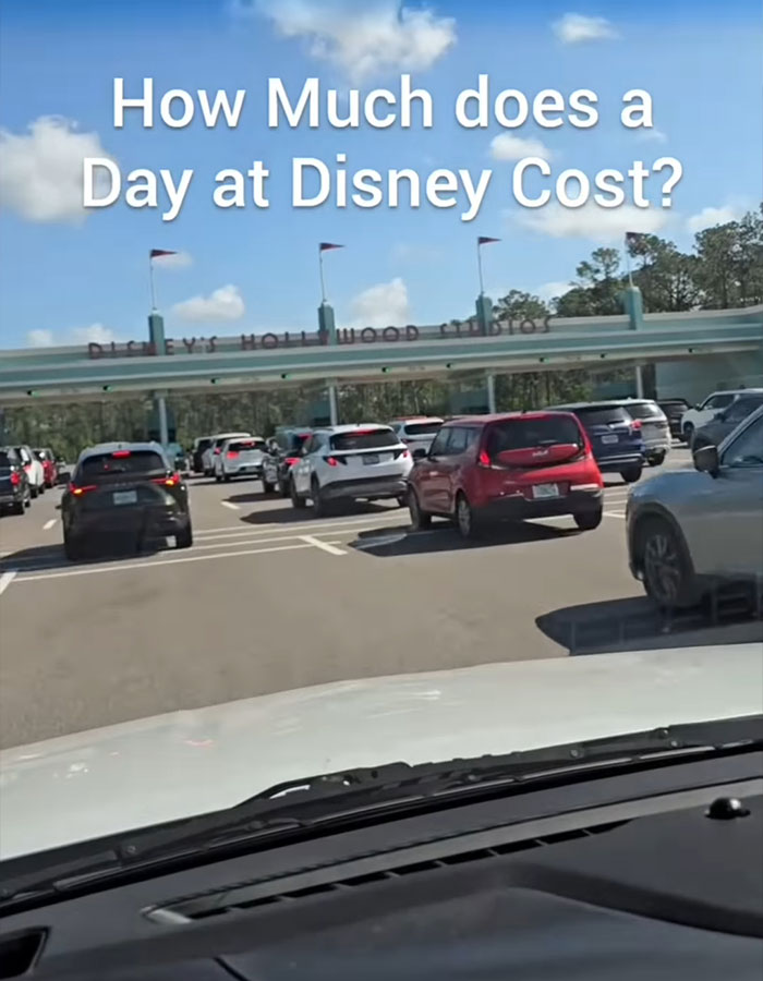 Cars lined up at Disney World entrance with text overlay asking how much a day at Disney costs, sparking price debate. Cars lined up at Disney World entrance with text overlay asking how much a day at Disney costs, sparking price debate.