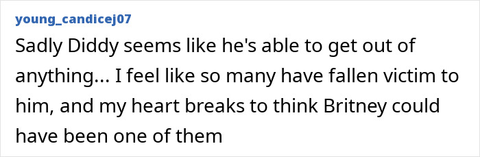Screenshot of a social media comment discussing Britney Spears&rsquo; wild party with Diddy mentioned during trial.